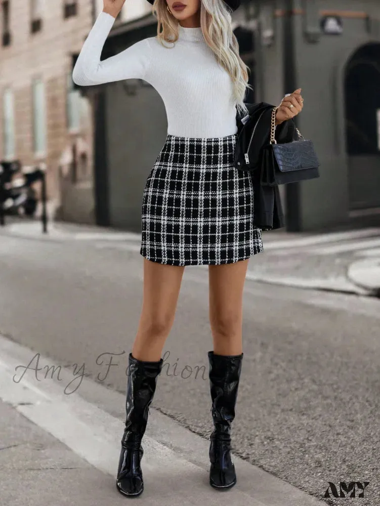 Amy Fashion - Plaid Pattern Tweed Skirt