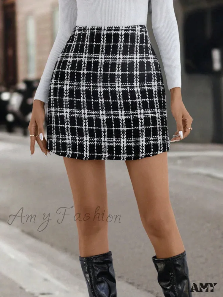 Amy Fashion - Plaid Pattern Tweed Skirt