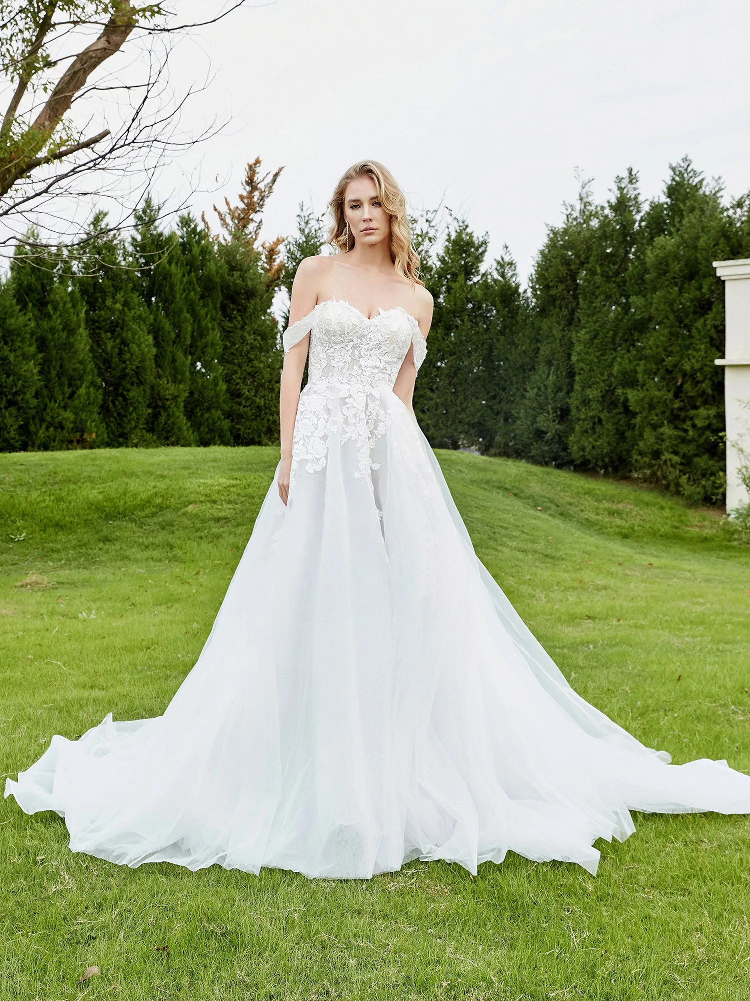 Appliqued Off-the-shoulder A-line Wedding Dress Champagne