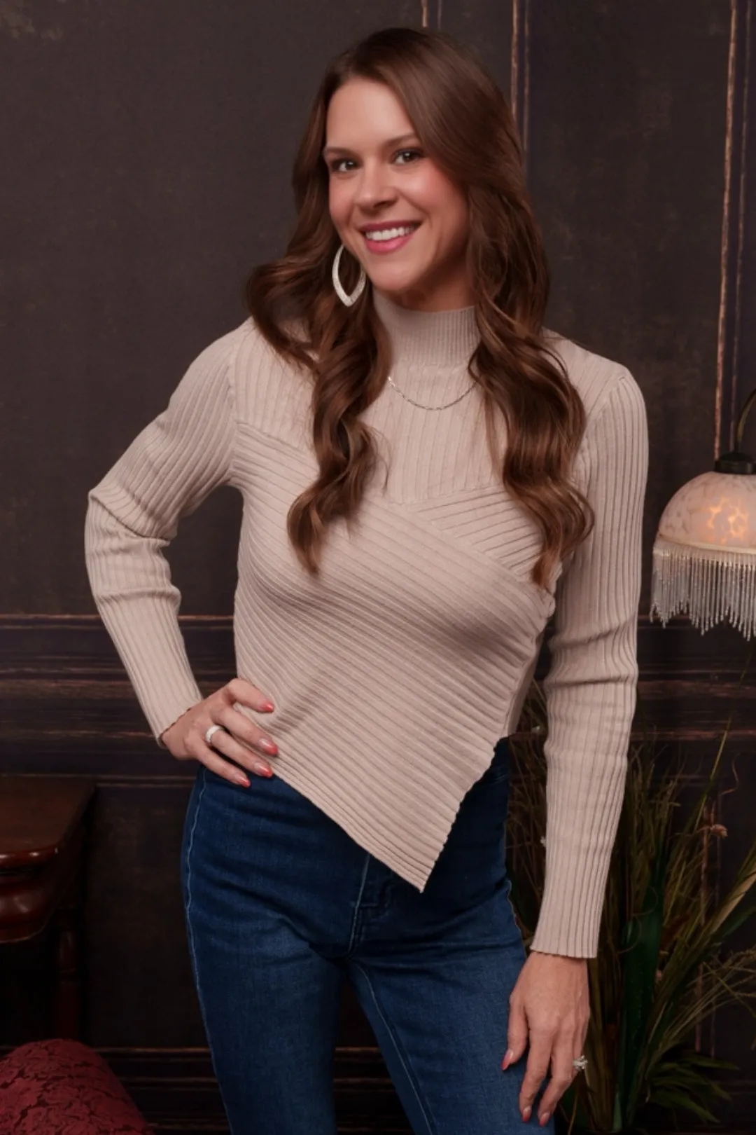 Asymmetrical Ribbed Mock Neck Sweater