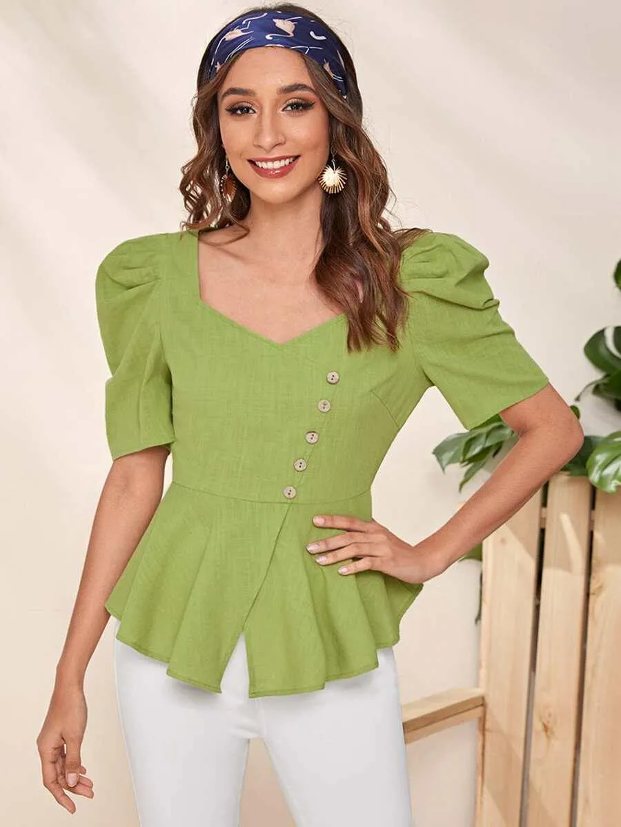 Buttoned Front Puff Sleeve Peplum Top