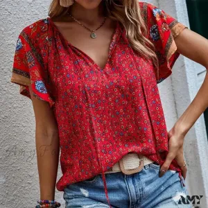 Casual Loose Floral Vintage Elegant Female Summer Tops Blouses