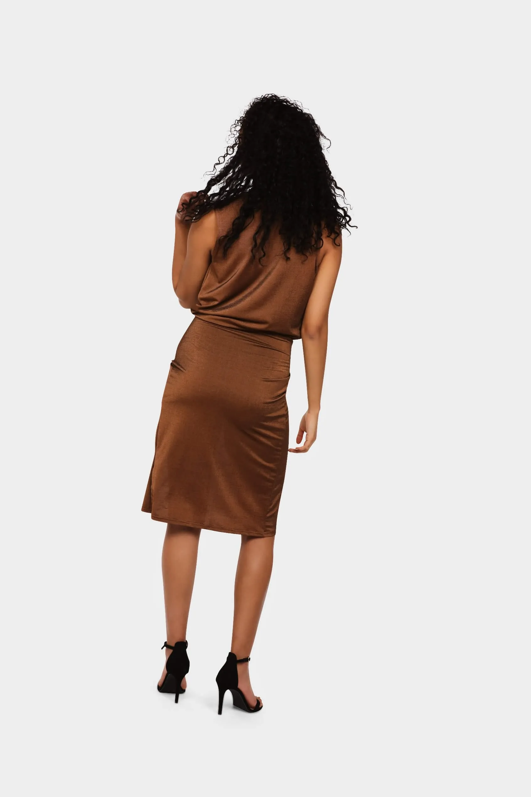 Chocolate Sleeveless Wrap Midi Dress