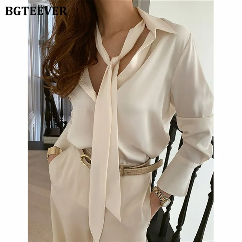 Christmas Gift Joskaa Chic Turn-down Collar Scarf  Women Shirts 2024 Spring Summer Ladies Single-breasted Blouses Tops Elegant Female Tops