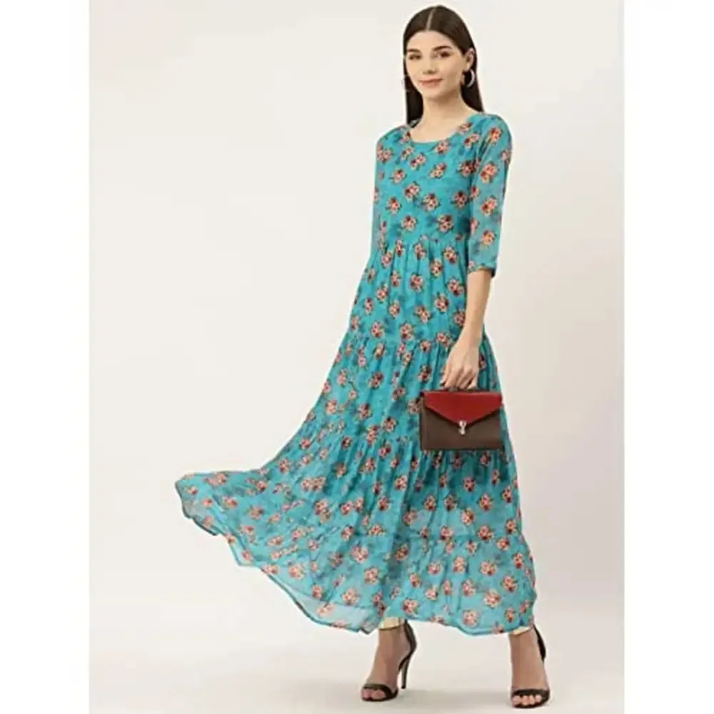 Deewa Women's Polyester Floral Print Maxi Dress(Sky Blue)