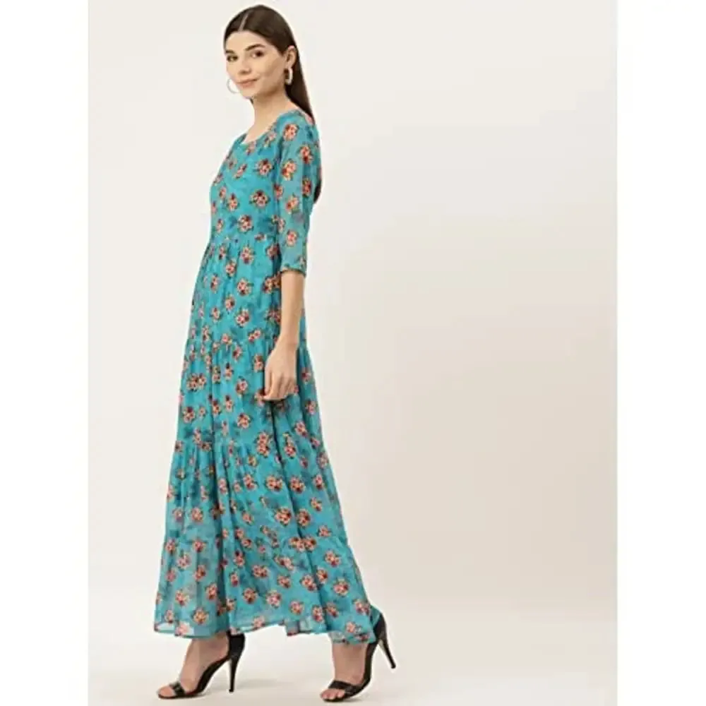 Deewa Women's Polyester Floral Print Maxi Dress(Sky Blue)