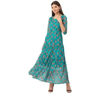 Deewa Women's Polyester Floral Print Maxi Dress(Sky Blue)