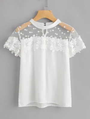 Dot Mesh Panel Crochet Appliques Blouse