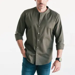 Essential Band Collar Button Down Shirt - Olive Green Cotton Twill