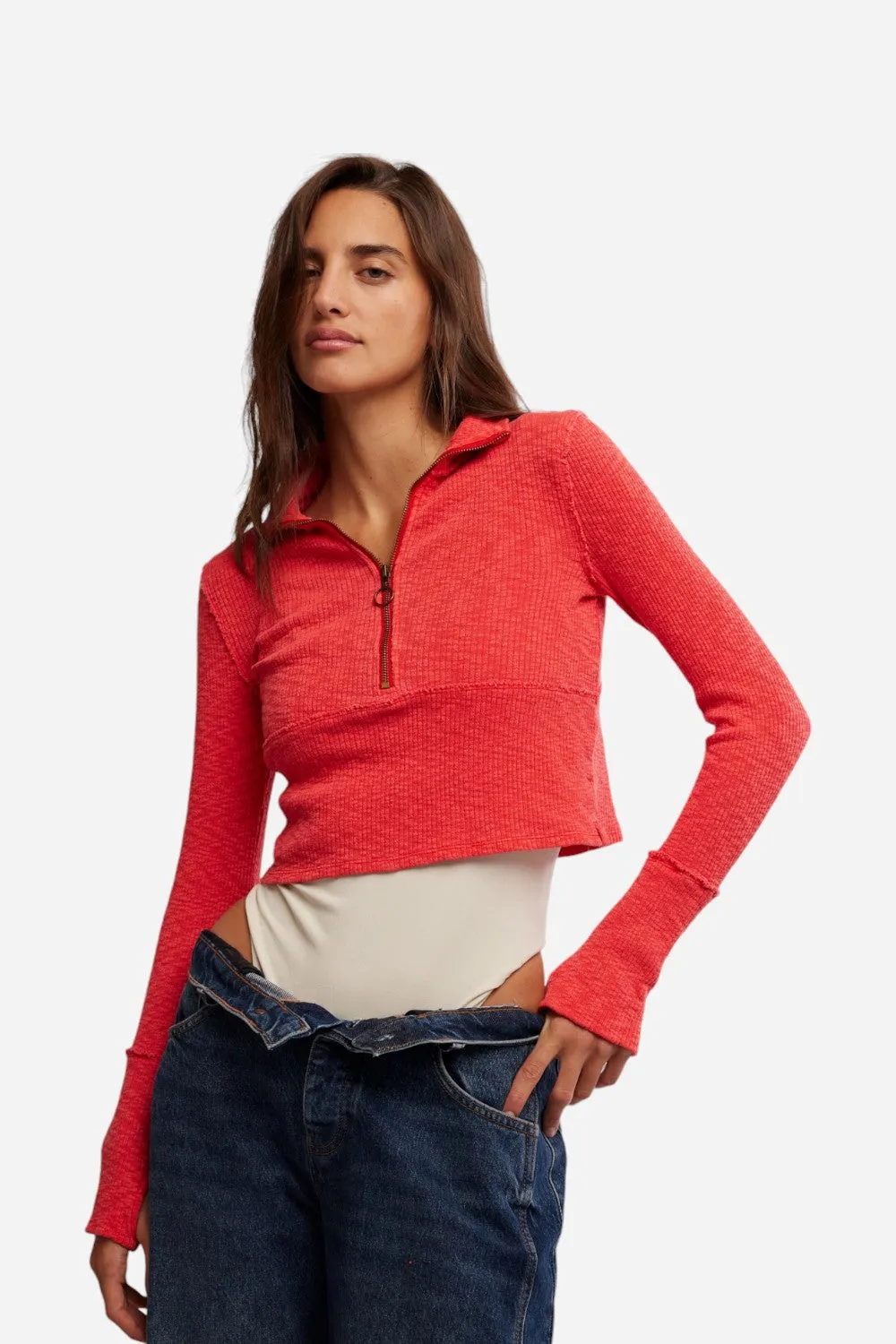 Free People Midnight Half Zip in High Risk Red