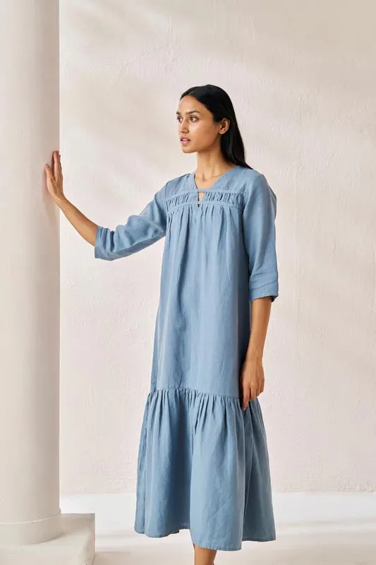 Gathered Neckline Long Dress Airforce Blue