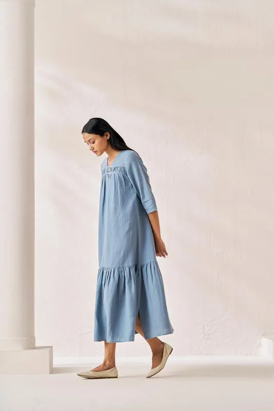 Gathered Neckline Long Dress Airforce Blue