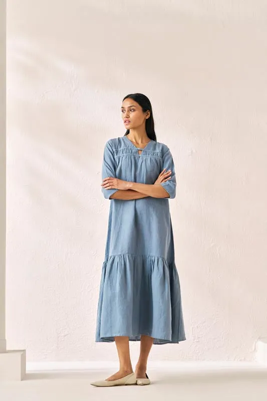 Gathered Neckline Long Dress Airforce Blue