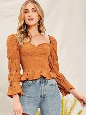 Gathered Sleeve Ruffle Hem Bustier Blouse