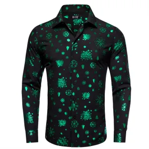 Hi-Tie Black Green Snow Christmas Silk Button-Down Long Sleeve Shirt