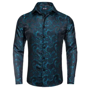 Hi-Tie Long Sleeve Shirt Teal Black Paisley Collar Shirt