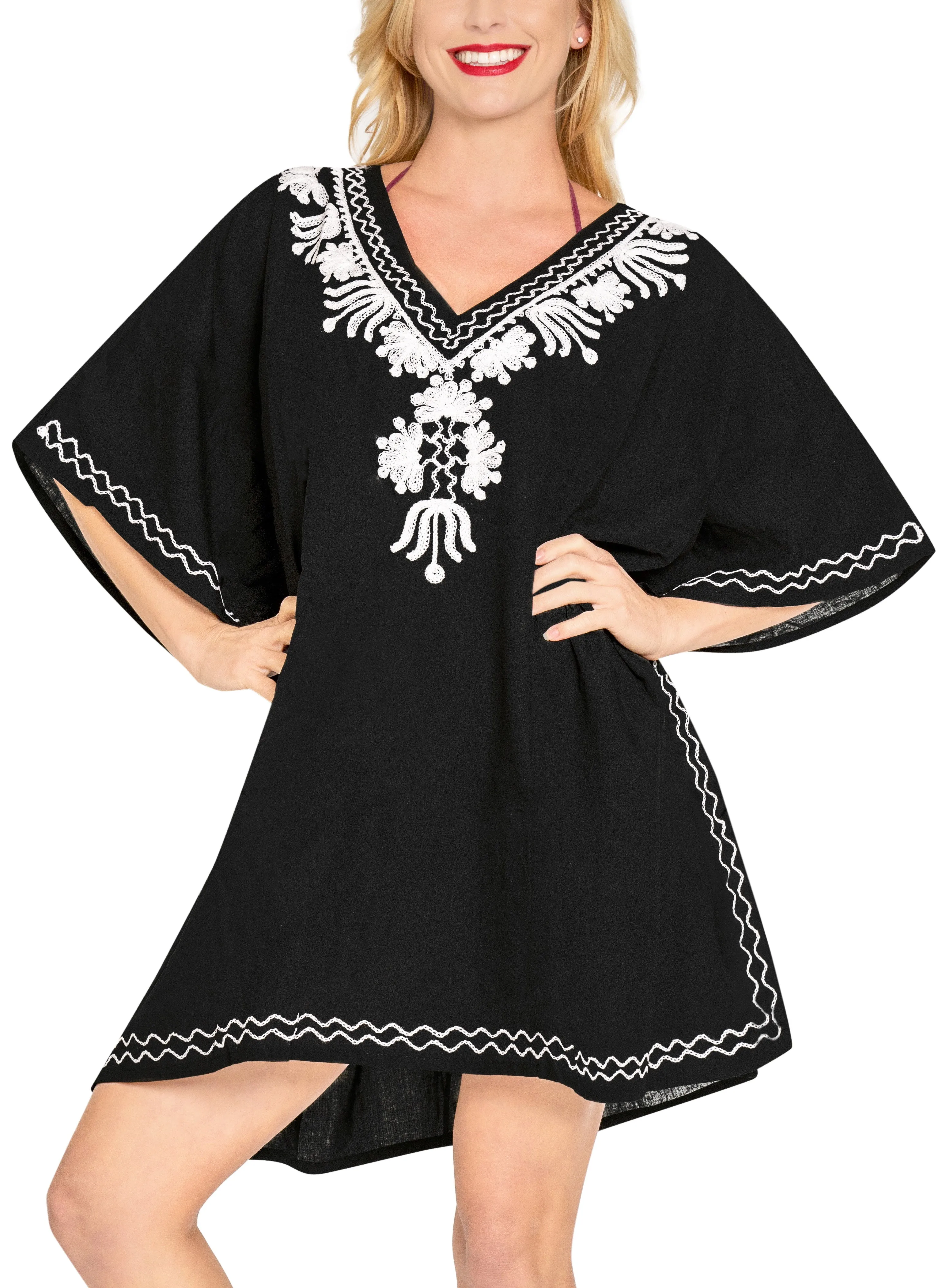 LA LEELA Loose Kimono Deep Neck Beachwear Swimwear Swimsuit Bikini Cover up Blouse L - 2X Black