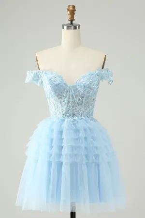 Light Blue A Line Off The Shoulder Corset Mini Dress