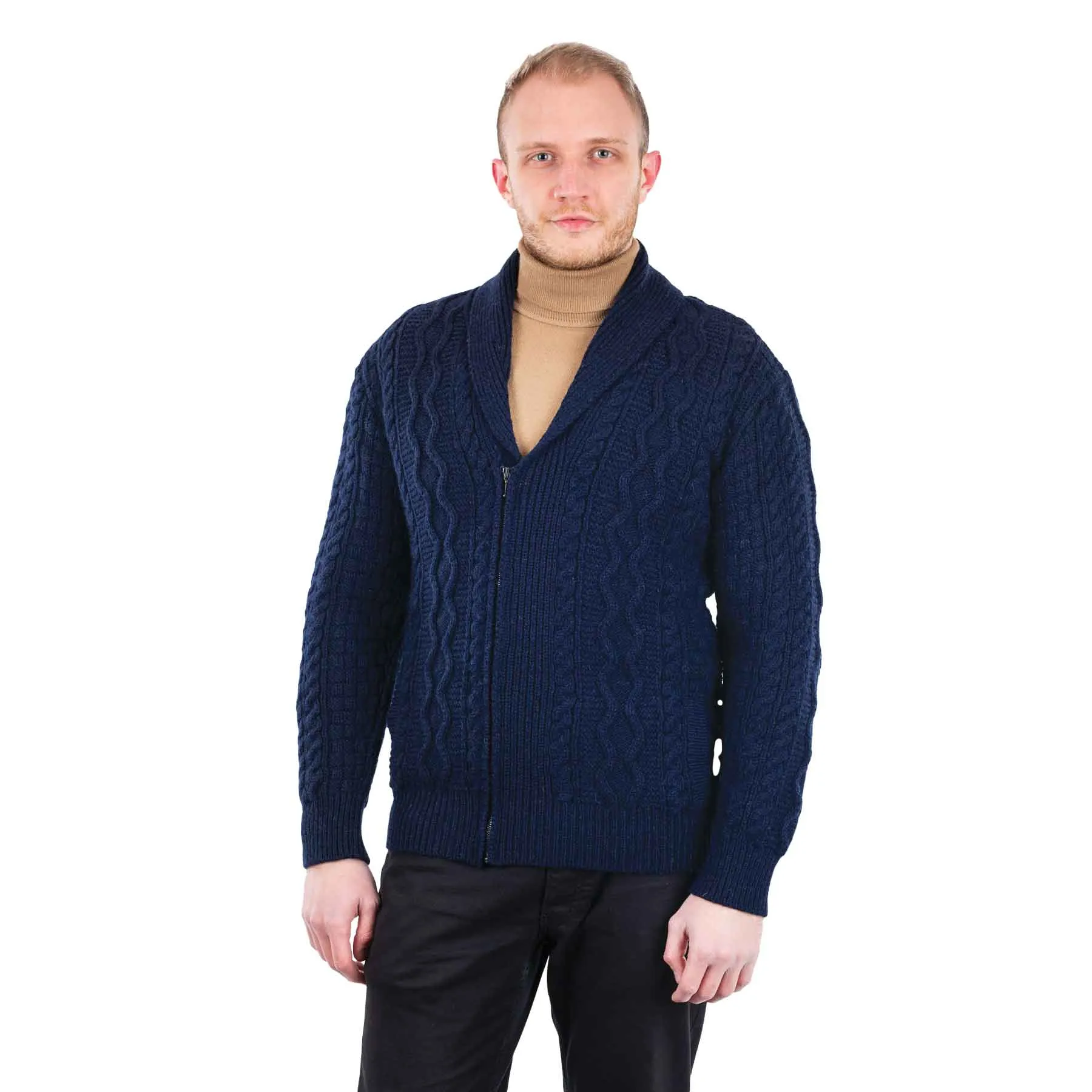 Men's Shawl Neck Zipper Knit Cardigan, Navy