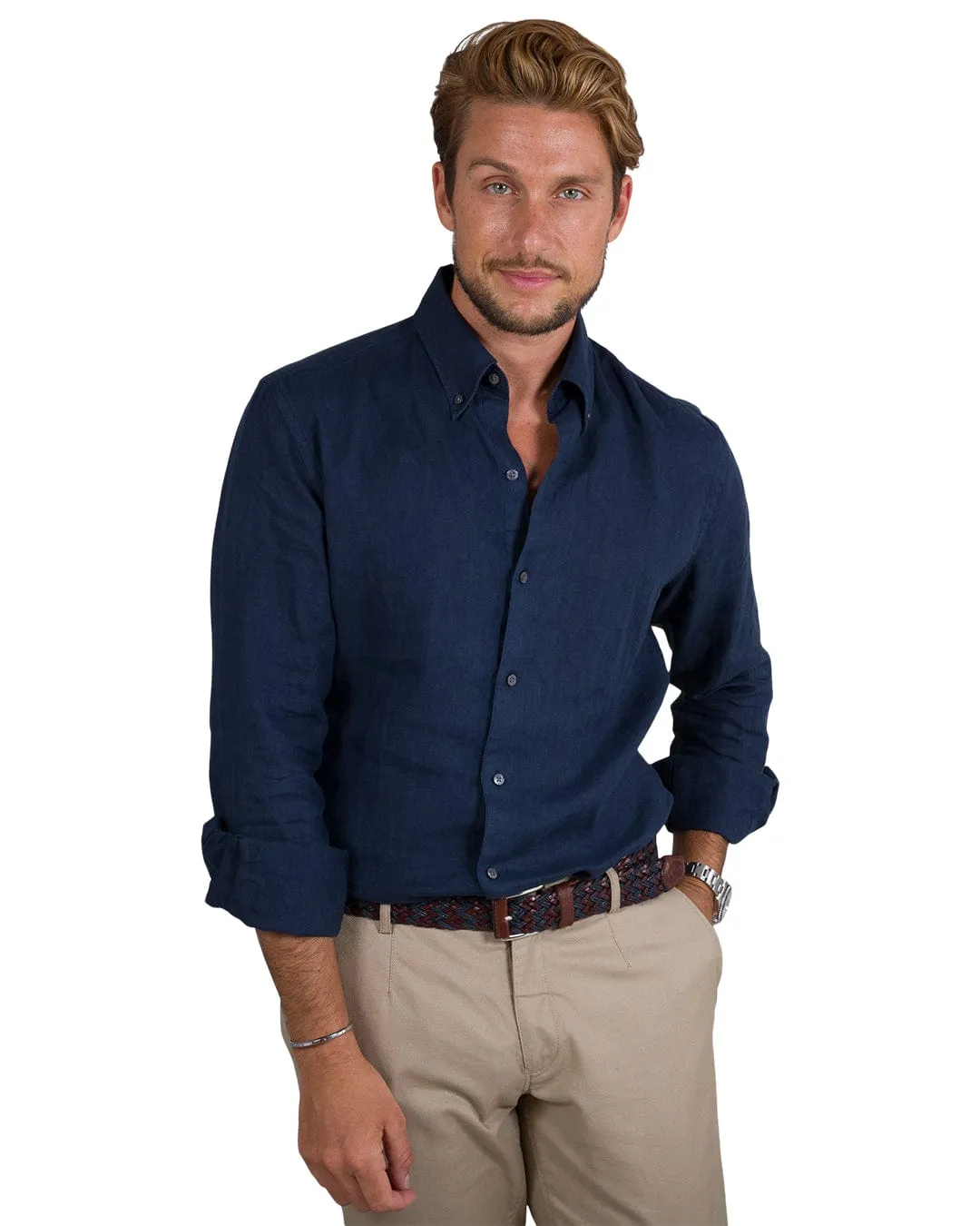 Navy Slim Fit Linen Button Down Shirt