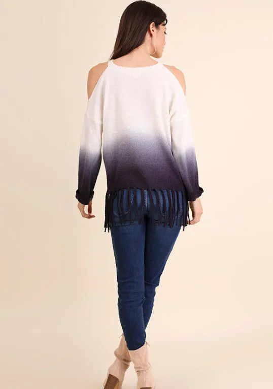 Ombre Cold Shoulder Fringe Sweater, Navy