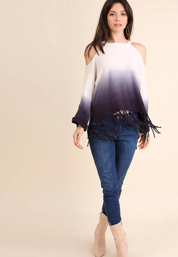 Ombre Cold Shoulder Fringe Sweater, Navy