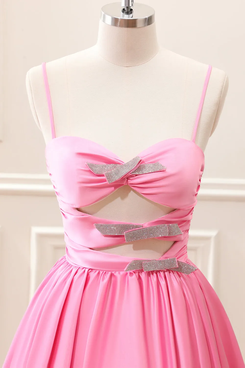 Preppy Pink A Line Spaghetti Straps Pleated Keyhole Mini Dress with Bows