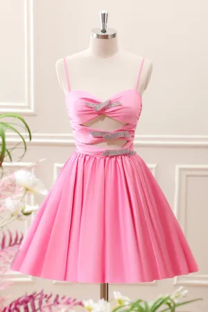 Preppy Pink A Line Spaghetti Straps Pleated Keyhole Mini Dress with Bows