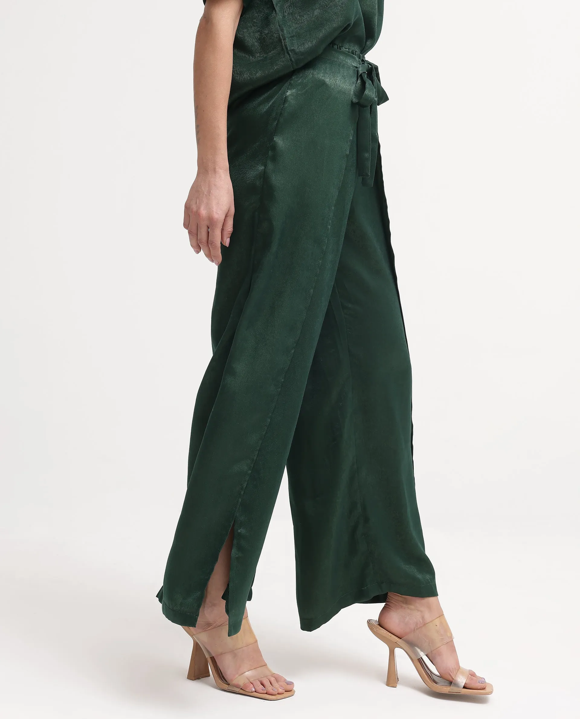 Rareism Women Lamona-B Dark Green Wide Leg Plain Ankle Length Trouser