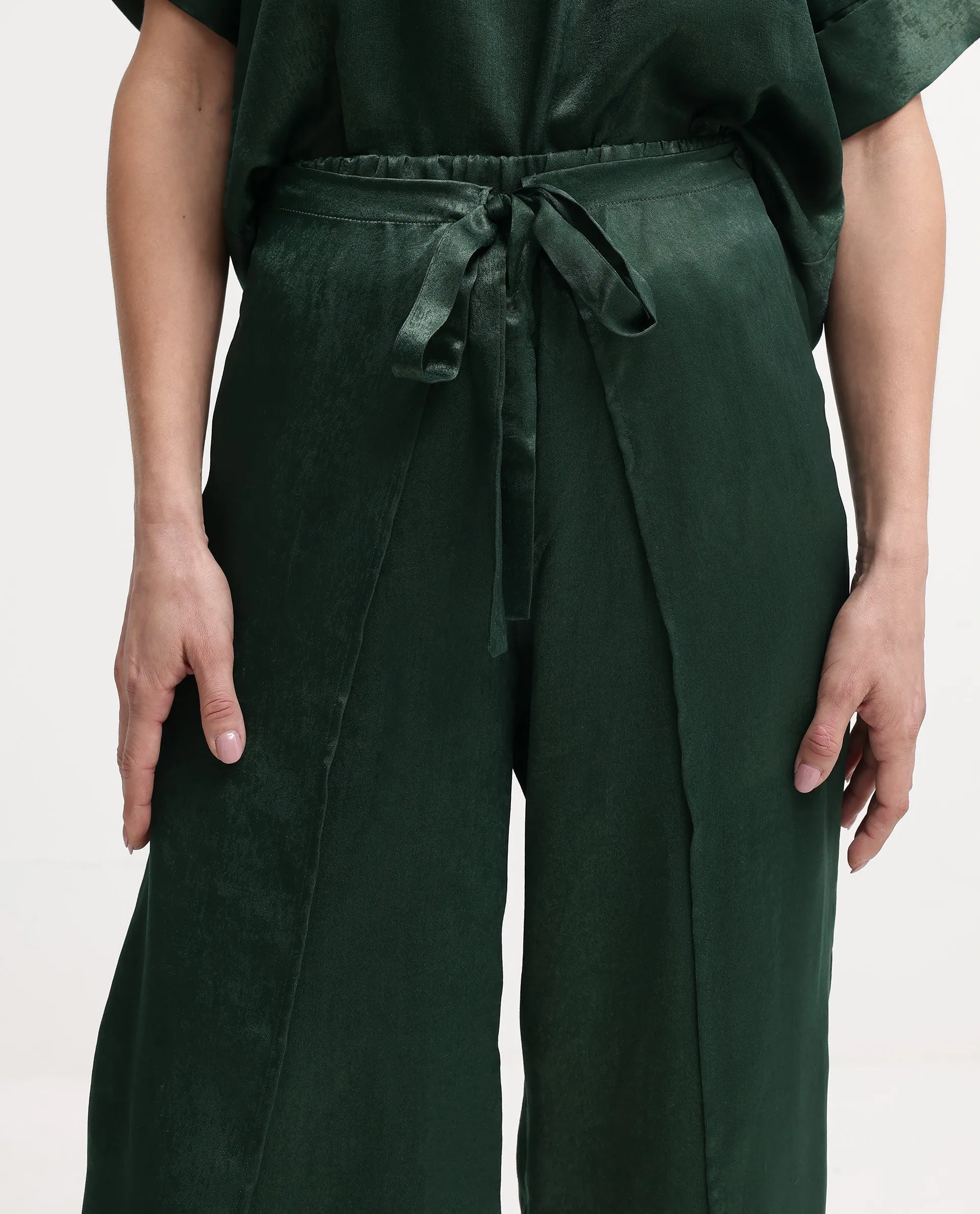 Rareism Women Lamona-B Dark Green Wide Leg Plain Ankle Length Trouser