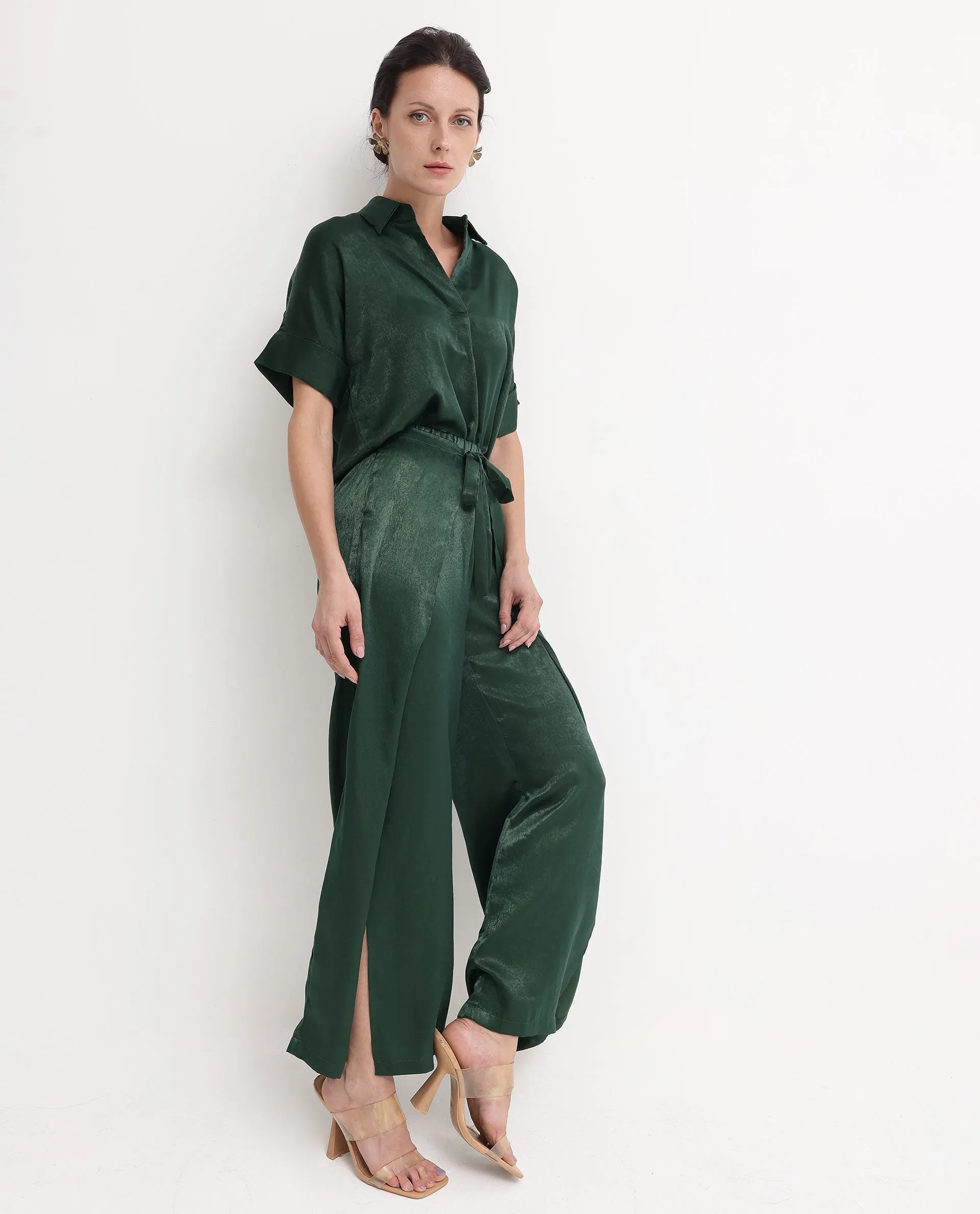 Rareism Women Lamona-B Dark Green Wide Leg Plain Ankle Length Trouser