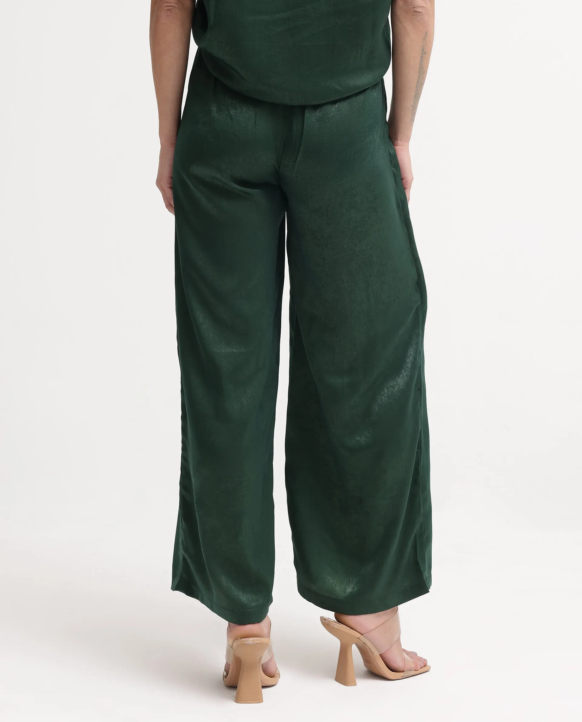 Rareism Women Lamona-B Dark Green Wide Leg Plain Ankle Length Trouser