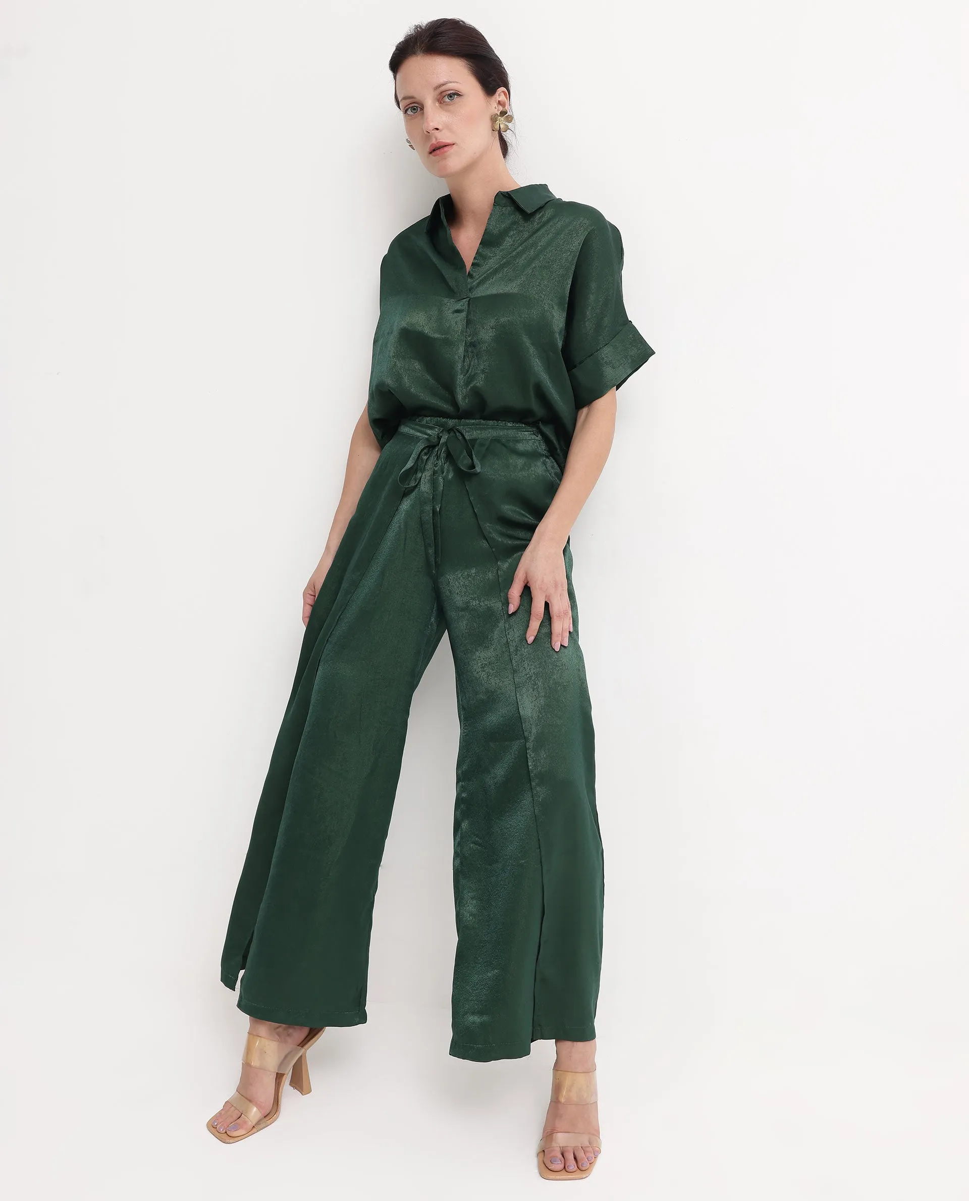 Rareism Women Lamona-B Dark Green Wide Leg Plain Ankle Length Trouser