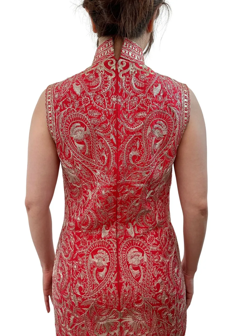 Red and Gold Buttoned Embroidered Silk Dress