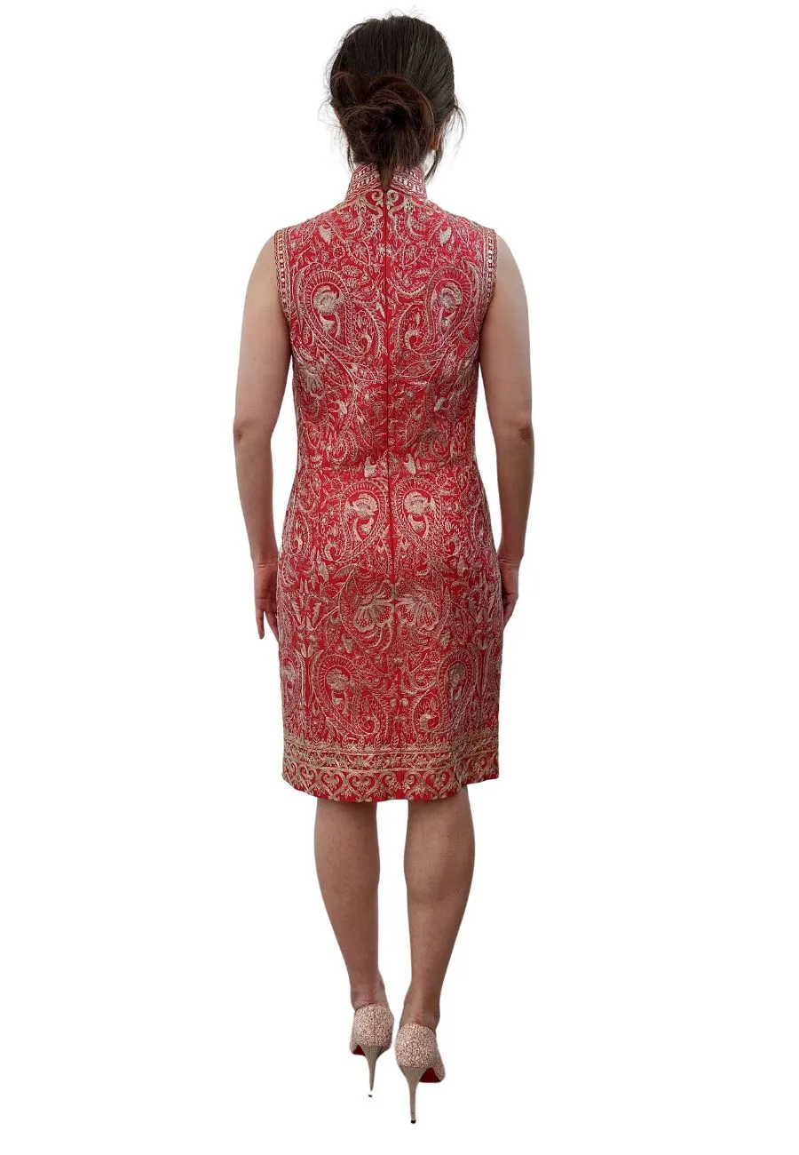 Red and Gold Buttoned Embroidered Silk Dress