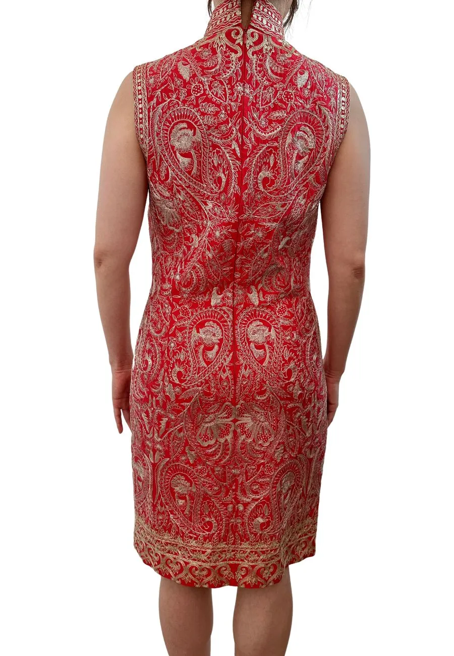 Red and Gold Buttoned Embroidered Silk Dress