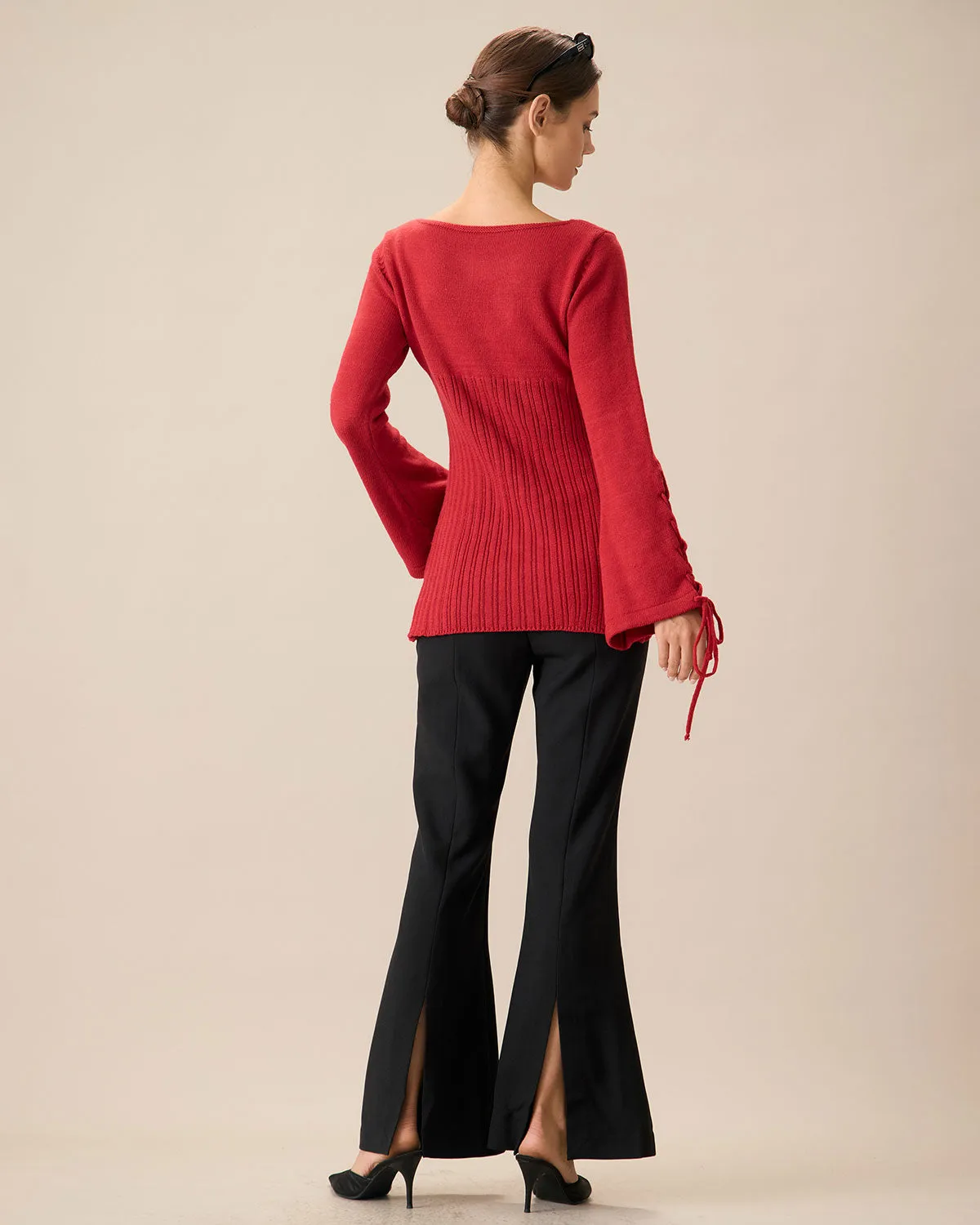 Red Bell Sleeve Slit Sweater