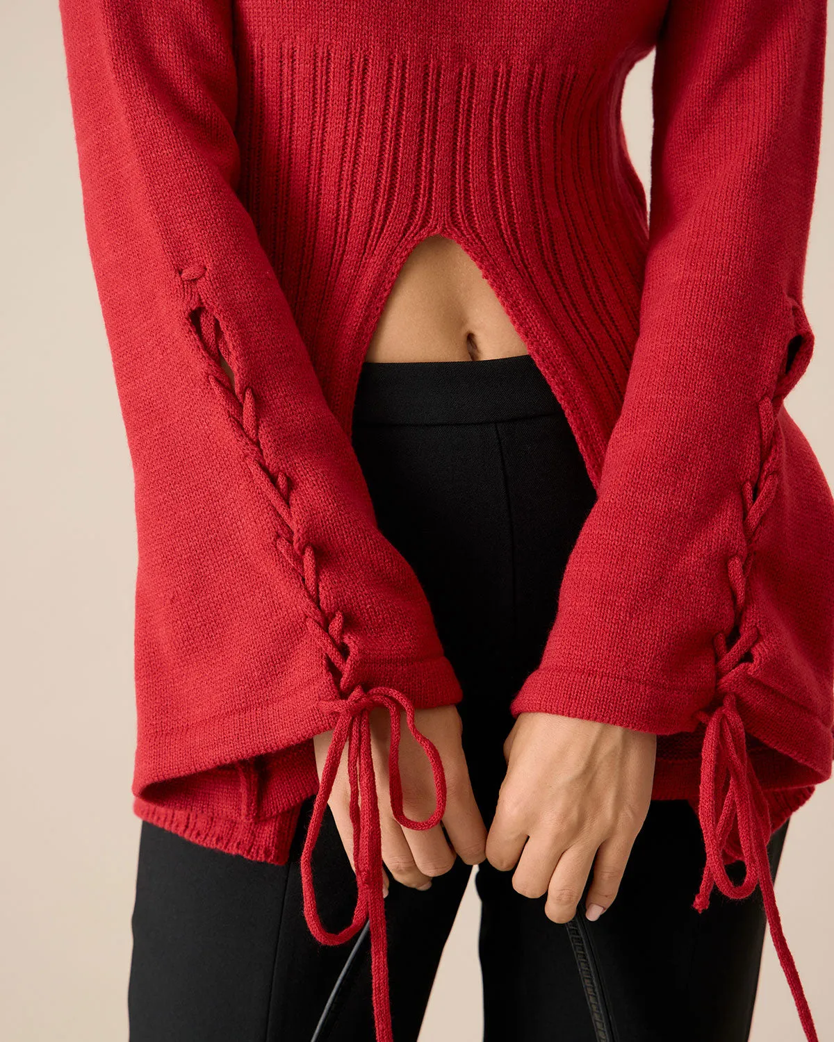 Red Bell Sleeve Slit Sweater