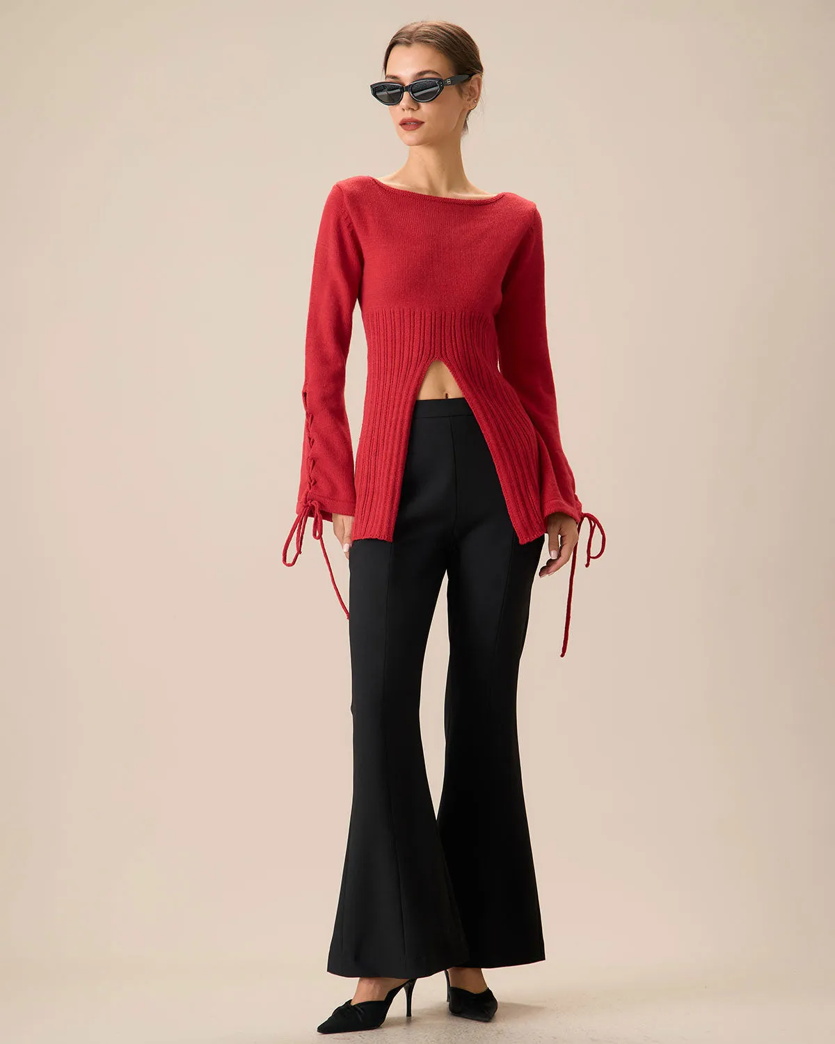 Red Bell Sleeve Slit Sweater