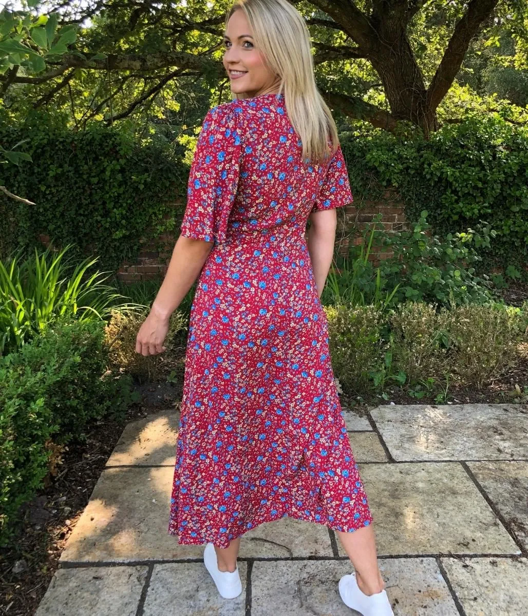 Red Floral Cecile Midi Dress