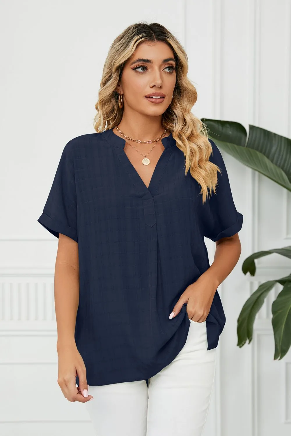 Side Slit Notched Neck Cuffed Short Sleeve Blouse