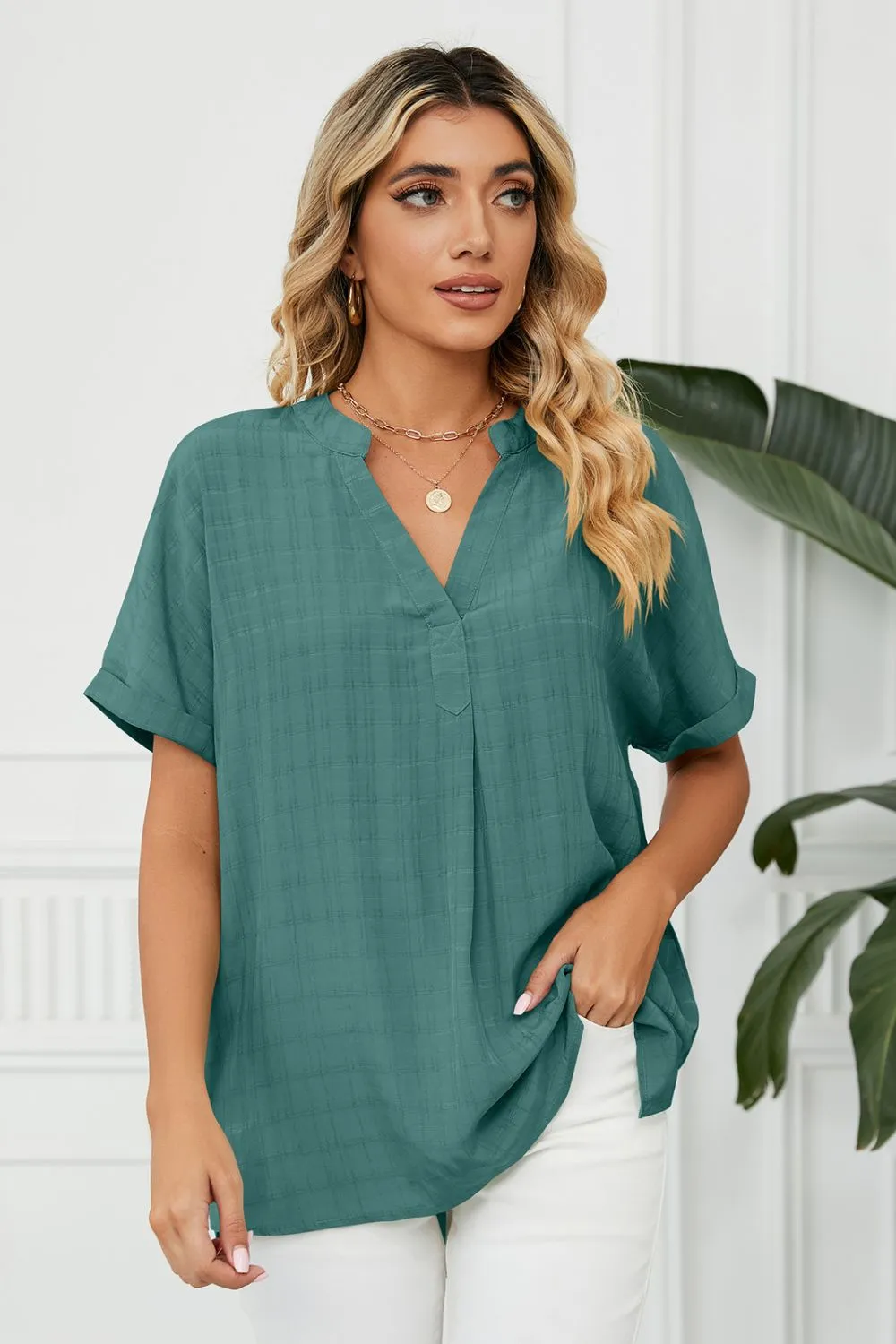 Side Slit Notched Neck Cuffed Short Sleeve Blouse