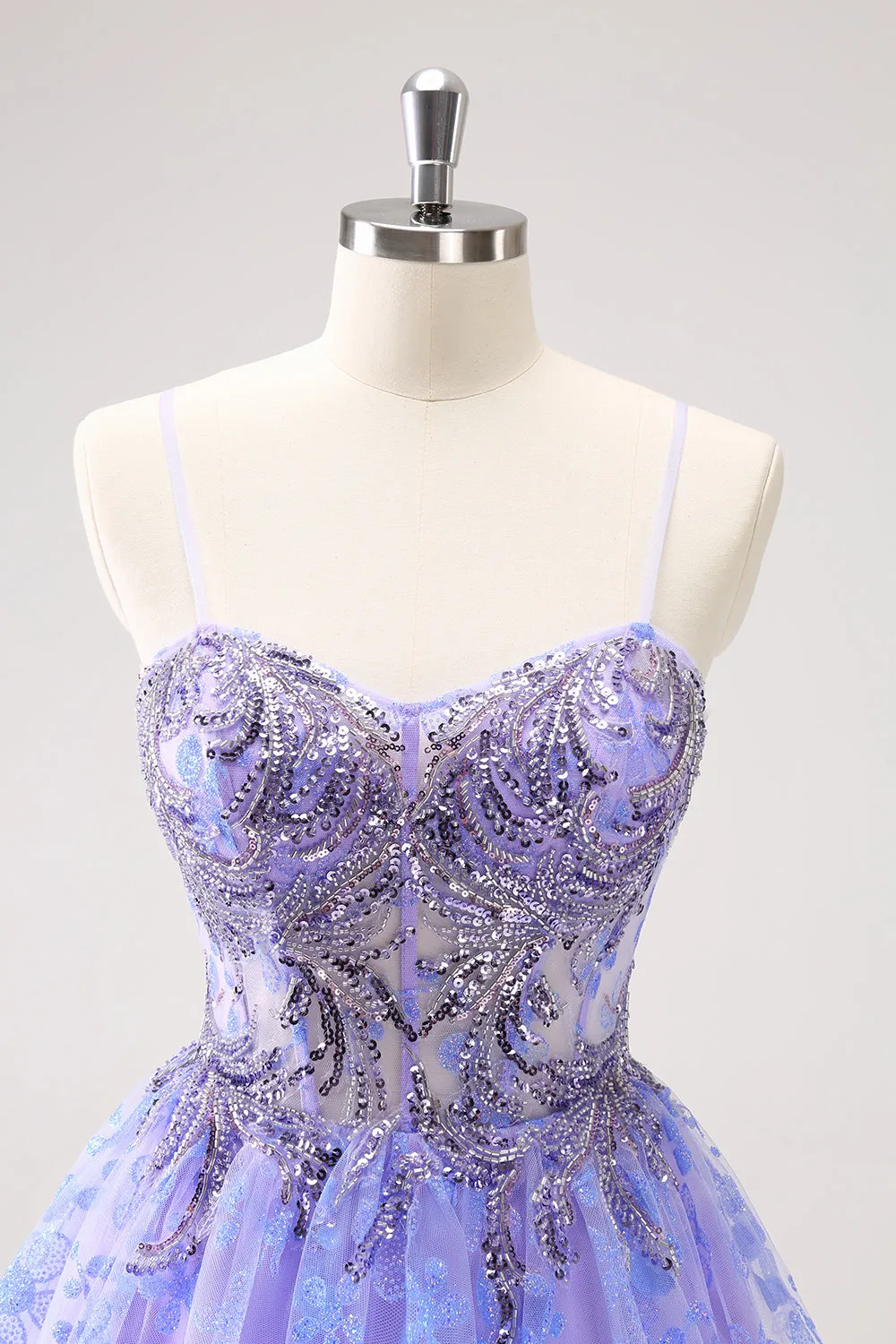 Sparkly Lilac A Line Spaghetti Straps Mini Dress with Sequins