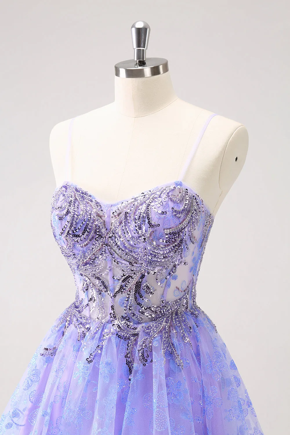 Sparkly Lilac A Line Spaghetti Straps Mini Dress with Sequins