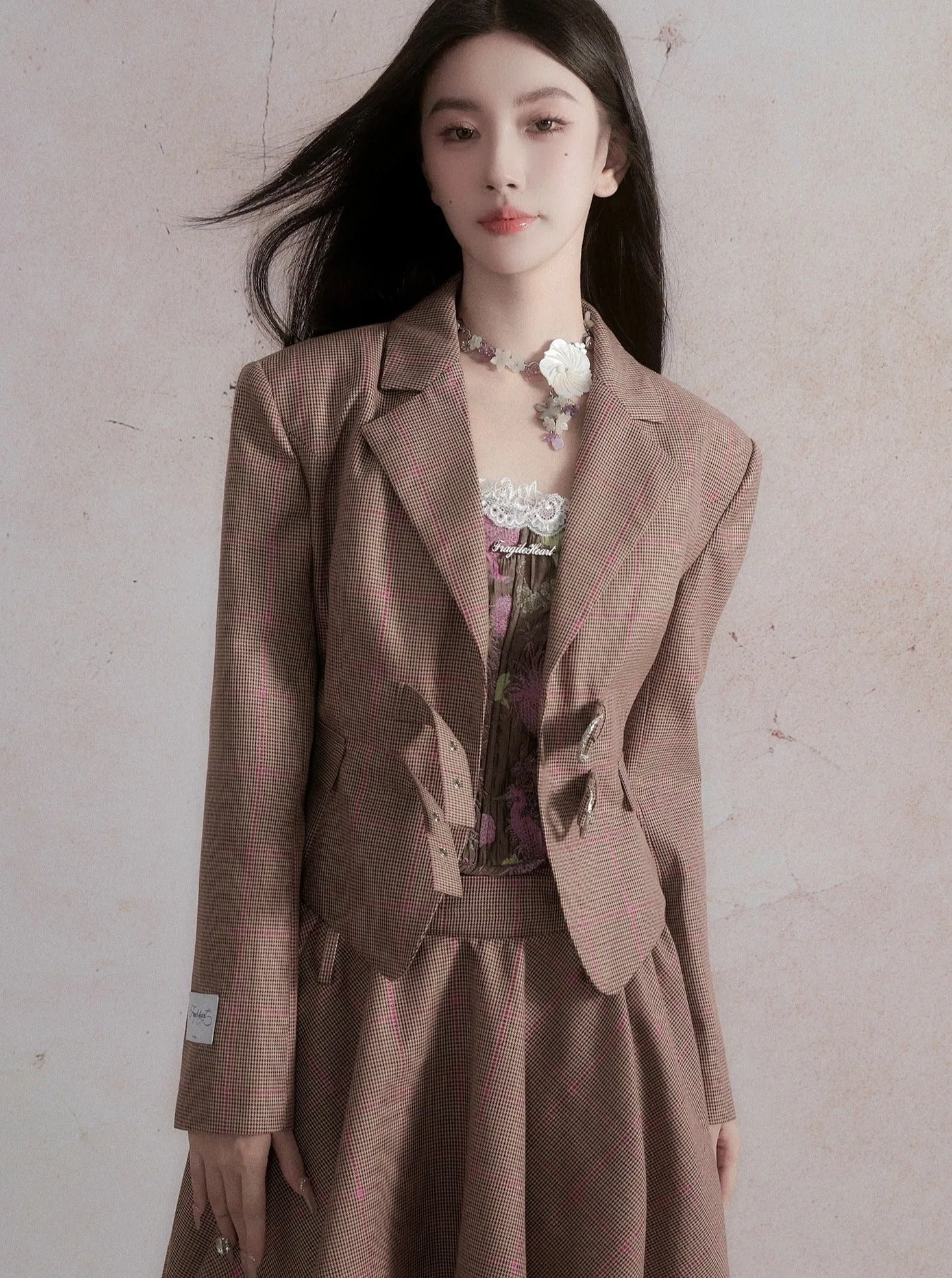 Taupe Professional Suit Set - Cropped Double Buckle Blazer with High-Low Flared Skirt