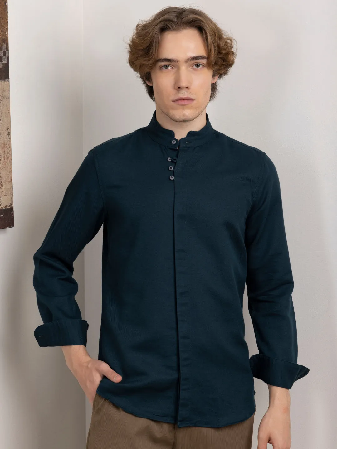 Teal Chinese Collar Shirt