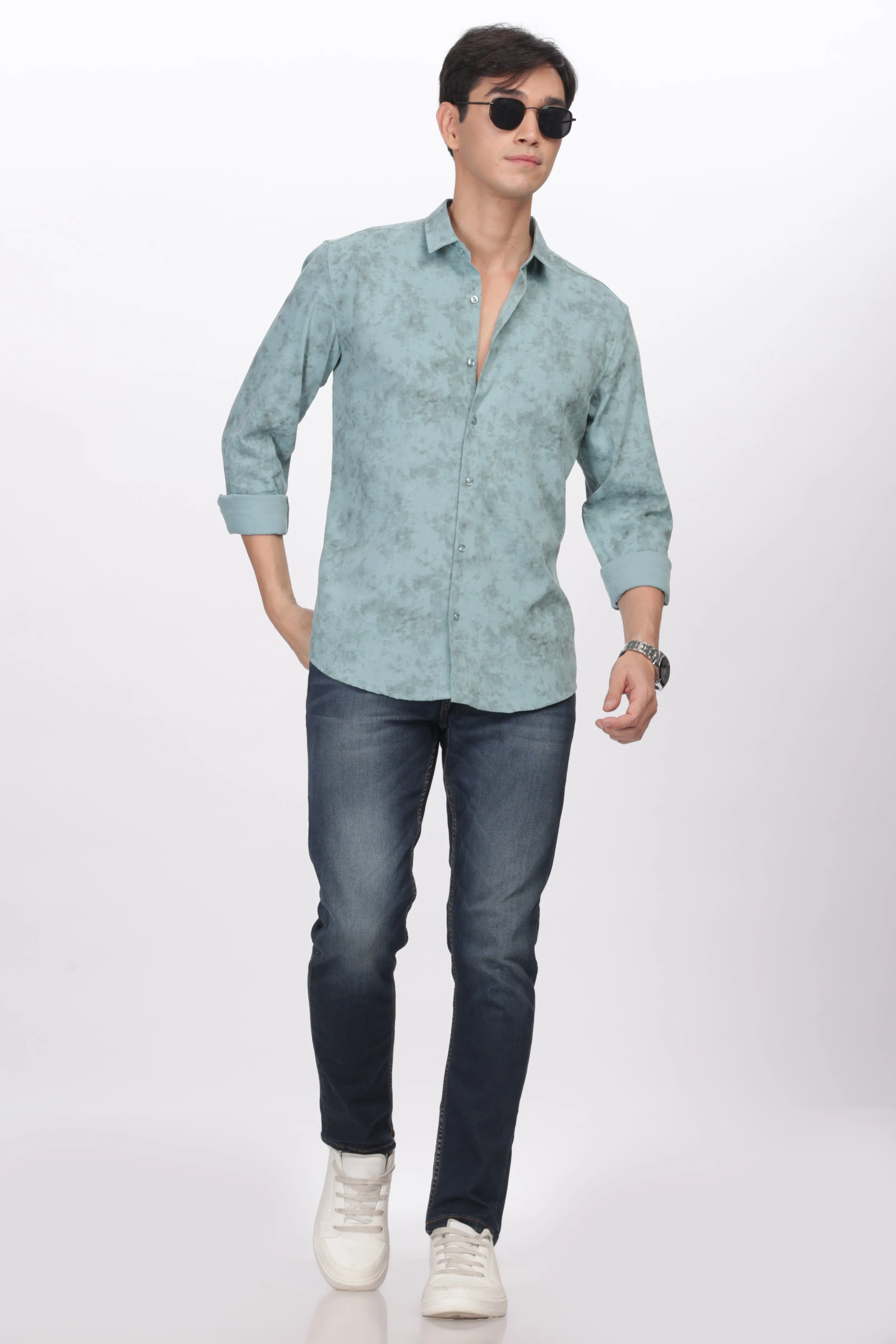 Teal Slim Fit Self Design Casual Shirt