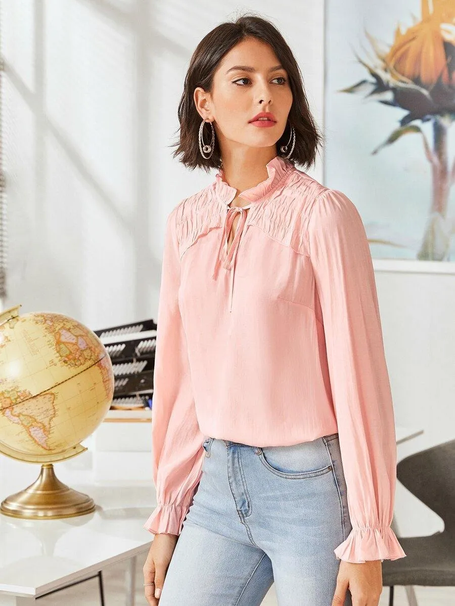 Textured Panel Ruffle Tie Neck Blouse