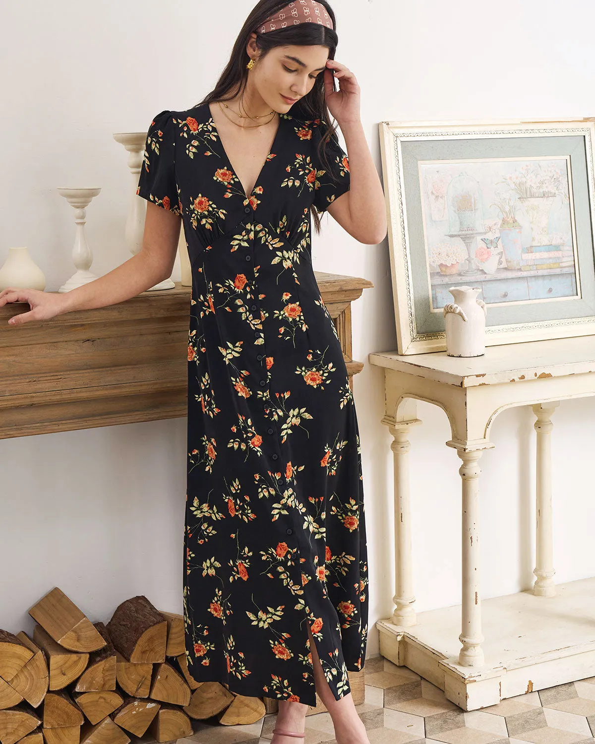 The Black V Neck Floral Short Sleeve Maxi Dress