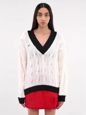 V-Neck Knit Sweater (RR-K043-WHITE-BLACK)